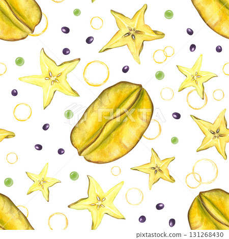 Tropical carambola, black seeds, green beads and abstract yellow juice circles watercolor seamless pattern on isolated background. Ripe yellow fruit illustration for food packaging, summer collection Tropical carambola, black seeds, green beads and abstract yellow juice circles watercolor seamless pattern on isolated background. Ripe yellow fruit illustration for food packaging, summer collection 131268430