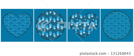 Outline Sad Faces and Blue Balloons. Patterns in Round and Heart shape Paper Cut Backgrounds. Bundle 131268643