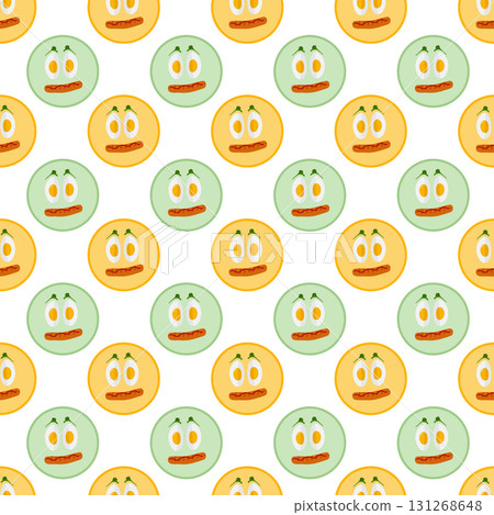 Hard boiled Egg halves with Sausage like Smile Face Seamless Pattern Motivation Breakfast Backdrop 131268648