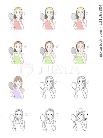 Illustration set of a woman looking in the mirror with skin problems Illustration set of a woman looking in the mirror with skin problems 131268804