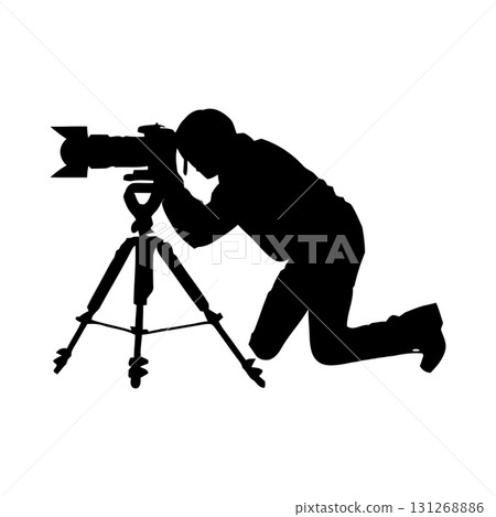 Professional Photographer Silhouette Vector. Cameraman with a Camera on a Tripod Vector Icon. Professional Photographer Silhouette Vector. Cameraman with a Camera on a Tripod Vector Icon. 131268886