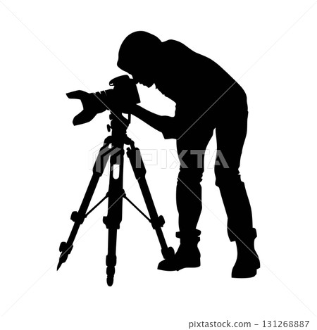 Professional Photographer Silhouette Vector. Cameraman with a Camera on a Tripod Vector Icon. Professional Photographer Silhouette Vector. Cameraman with a Camera on a Tripod Vector Icon. 131268887