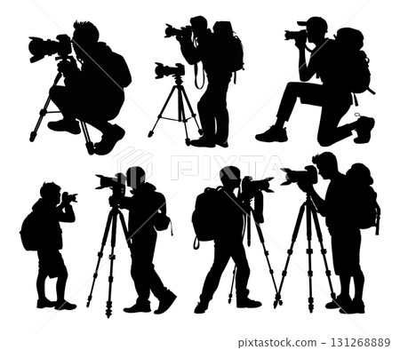 Professional Photographer Silhouette Vector. Cameraman with a Camera on a Tripod Vector Icon. Professional Photographer Silhouette Vector. Cameraman with a Camera on a Tripod Vector Icon. 131268889