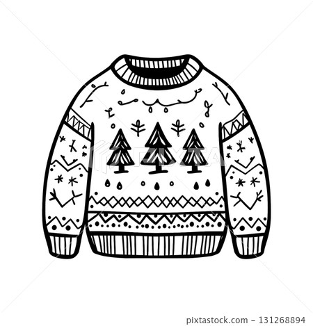 Ugly Christmas Sweater Doodle Vector. Hand-drawn Holiday Jumper Sketch for Coloring Book Vector. 131268894