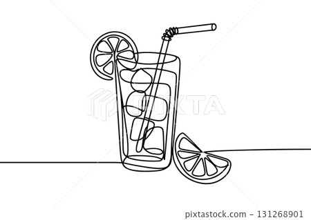 Glass of Lemonade Continuous One Line Drawing Vector. Summer Cocktail and Iced Tea Vector Art. 131268901