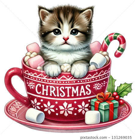A cute kitten nestled in a festive Christmas cup filled with marshmallows and candies, perfect for holiday cheer. 131269035