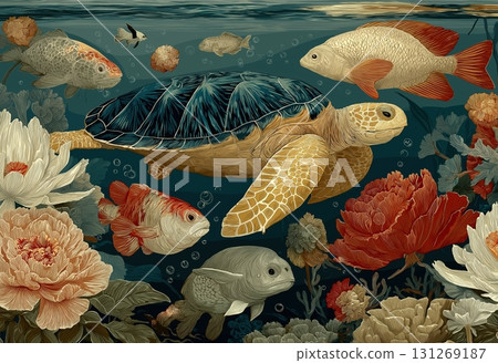 Illustrated sea turtle swimming with colorful fish. 131269187