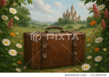 A tattered suitcase against a fairytale landscape and flowers. 131269240