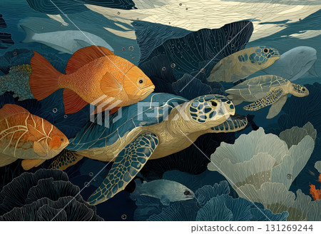 Illustrated sea turtle swimming with colorful fish. 131269244
