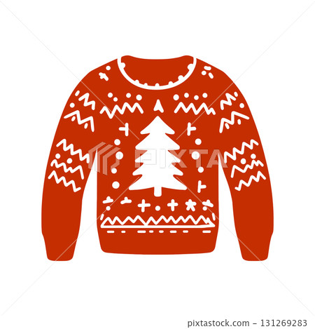 Ugly Christmas Sweater Vector Icon. Red Festive Holiday Jumper with a Winter Pattern Vector. Ugly Christmas Sweater Vector Icon. Red Festive Holiday Jumper with a Winter Pattern Vector. 131269283