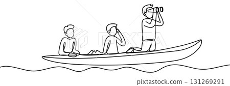 Three People in a Boat Hand-drawn Vector Sketch. Team Exploration and Travel Vector Illustration. 131269291