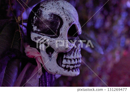 Spooky skull decoration is lit with blue and purple night light. Textured paint and deep eye sockets create a creepy Halloween detail. 131269477