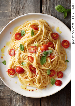 Spaghetti Pasta with Cherry Tomatoes and Basil on Rustic Wooden Table 131269609