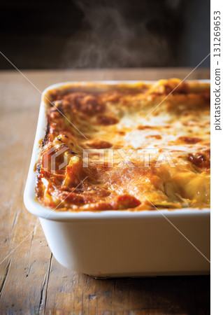 Homemade Italian Lasagna with Cheese and Meat Sauce in Baking Dish 131269653