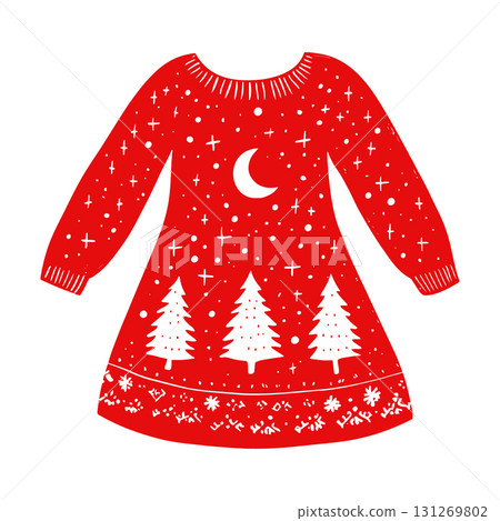 Christmas Sweater Dress Vector Icon. Red Festive Holiday Clothing with Winter Pattern Vector. 131269802