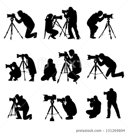 Professional Photographer Silhouette Vector Set. Cameraman with Camera on Tripod Vector Collection. 131269804
