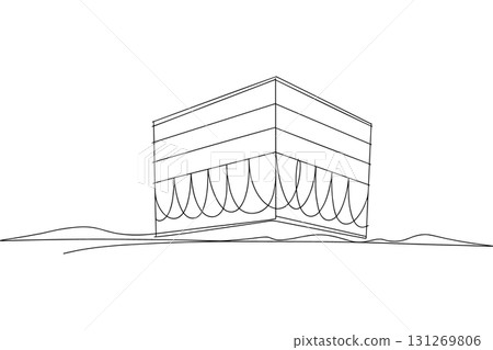 The Kaaba in Mecca Single Line Drawing Vector. Islamic Hajj and Umrah Pilgrimage Vector Art. 131269806