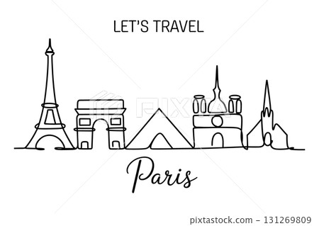 Paris City Skyline Single Line Drawing Vector. Travel to France Famous Landmark Vector Illustration. Paris City Skyline Single Line Drawing Vector. Travel to France Famous Landmark Vector Illustration. 131269809