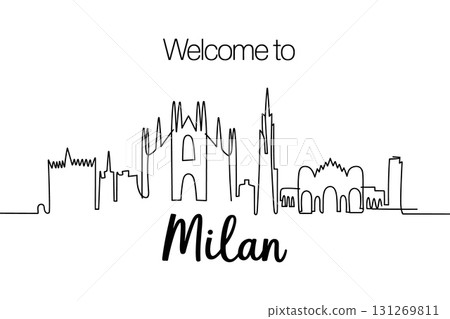 Milan City Skyline Single Line Drawing Vector. Travel to Italy Famous Landmark Vector Illustration. 131269811