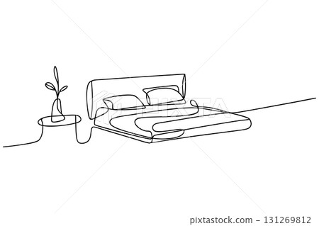 Bedroom Interior Continuous One Line Drawing Vector. Minimalist Home Furniture and Bed Vector Scene. 131269812