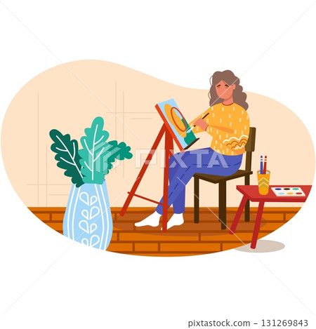 Woman drawing picture at artist class vector 131269843