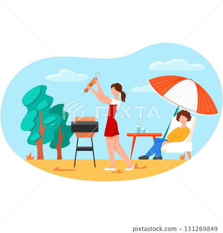 Couple on outdoor picnic using bbq grill vector 131269849
