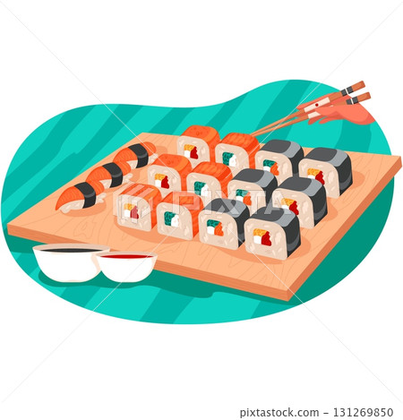 Sushi fast food on wooden tray cartoon vector 131269850