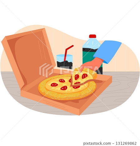 Male hand taking pizza from box vector cartoon 131269862