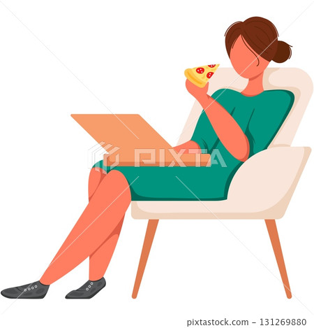 Woman working on laptop eating pizza vector 131269880