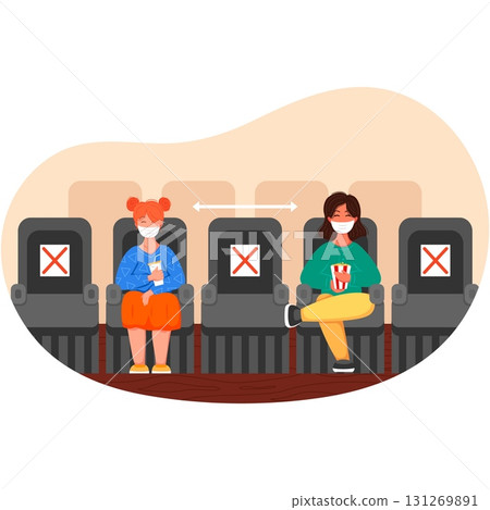 People in face mask keep distance at cinema vector 131269891