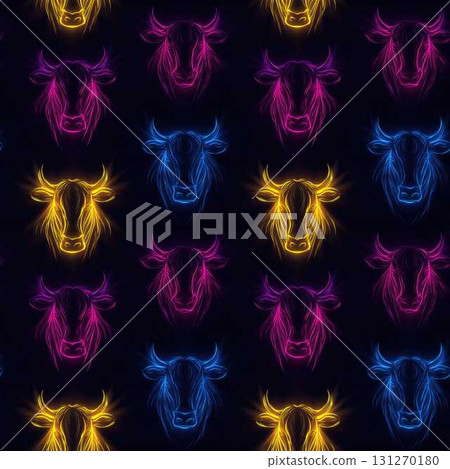 Neon Farm Animals Seamless Pattern with Cow Faces in Vibrant Colors on Dark Background Modern Art Design 131270180