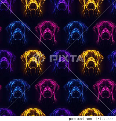 Neon Farm Animals Seamless Pattern Vibrant Labrador Faces in Fluorescent Colors on Dark Background Neon Farm Animals Seamless Pattern Vibrant Labrador Faces in Fluorescent Colors on Dark Background 131270228