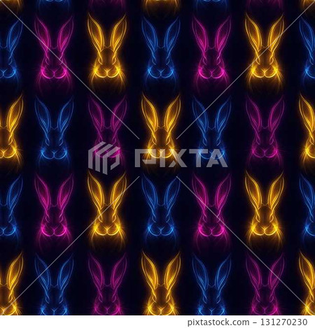 Seamless Neon Farm Animals Pattern with Vibrant Rabbit Faces on Dark Background Seamless Neon Farm Animals Pattern with Vibrant Rabbit Faces on Dark Background 131270230