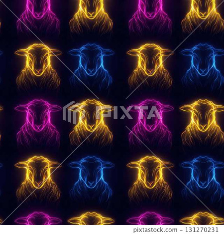 Vibrant Neon Farm Animals Pattern Seamless Sheep Design with Fluorescent Colors on Dark Background Vibrant Neon Farm Animals Pattern Seamless Sheep Design with Fluorescent Colors on Dark Background 131270231