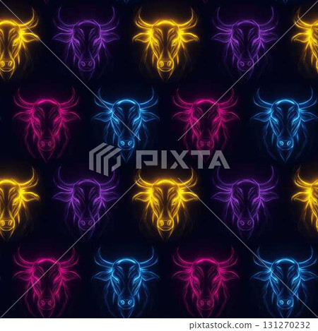 Neon Farm Animals Seamless Pattern with Bull Faces in Vibrant Colors on Dark Background Fun Design Neon Farm Animals Seamless Pattern with Bull Faces in Vibrant Colors on Dark Background Fun Design 131270232