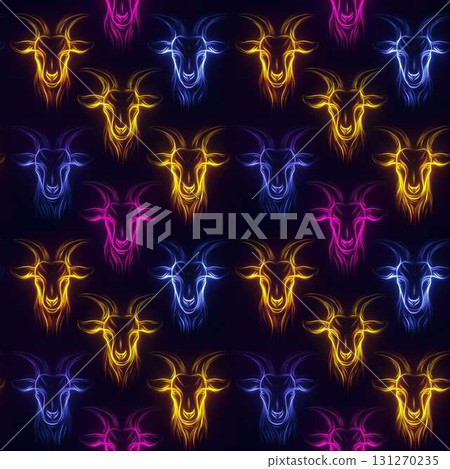 Neon Goat Faces Seamless Pattern Vibrant Fluorescent Colors Modern Minimalist Design Dark Background 131270235