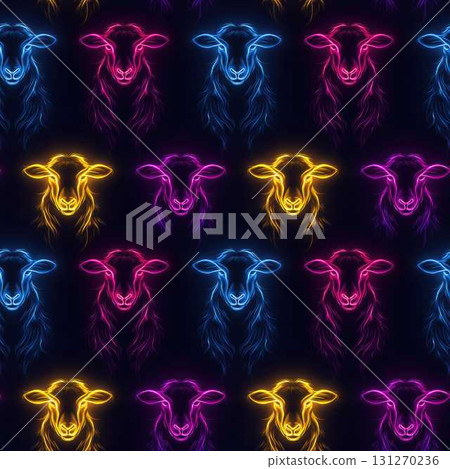 Neon Farm Animal Faces Seamless Pattern in Vibrant Fluorescent Colors on Dark Background Neon Farm Animal Faces Seamless Pattern in Vibrant Fluorescent Colors on Dark Background 131270236