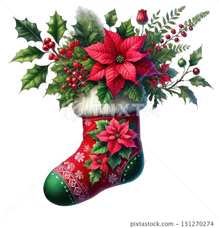 A festive Christmas stocking filled with vibrant poinsettia flowers and greenery, perfect for holiday decorations. 131270274