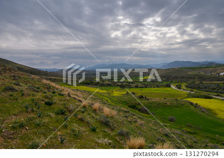 Overcast hills reveal vibrant fields in a quiet valley under a dramatic sky 131270294