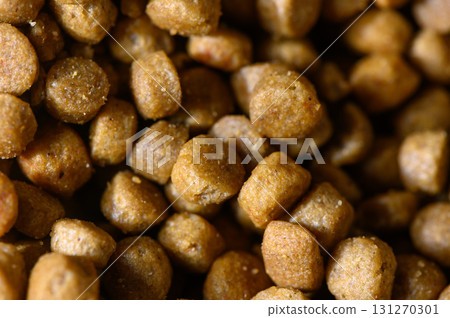 Pet food in close detail reveals texture and color variation as it rests in a bowl during a sunny afternoon 131270301