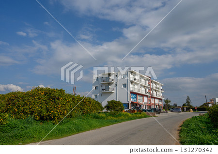 Vibrant roadside view with a modern building amidst lush greenery and a clear blue sky 131270342