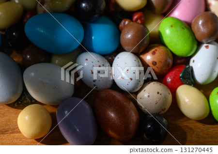 Colorful assortment of decorative eggs natural light during spring celebration 131270445