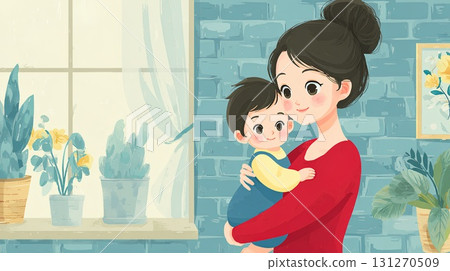 下雨天，一位母親在房間裡抱著她的孩子 131270509