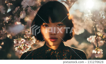 Female portrait with cherry blossoms in the background 131270628