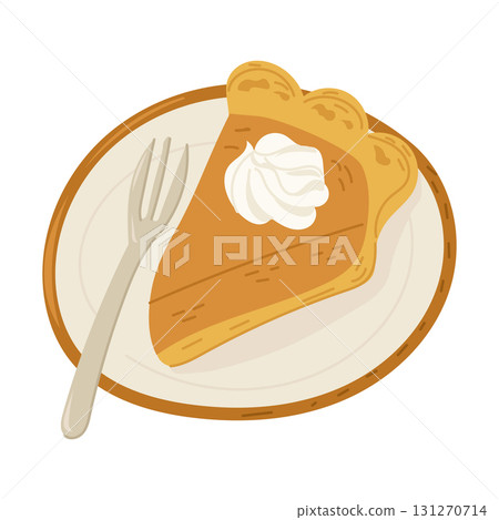 Hand drawn vector illustration of pumpkin pie slice with whipped cream on a plate and fork Hand drawn vector illustration of pumpkin pie slice with whipped cream on a plate and fork 131270714