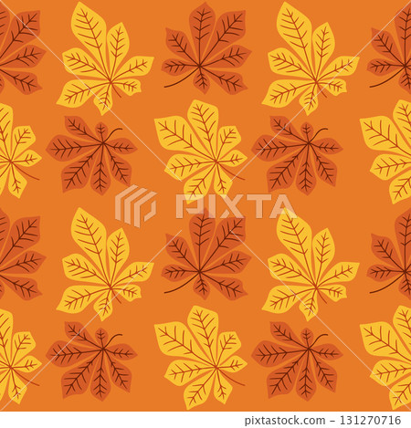Hand drawn vector seamless pattern with yellow and brown chestnut leaves on orange background 131270716