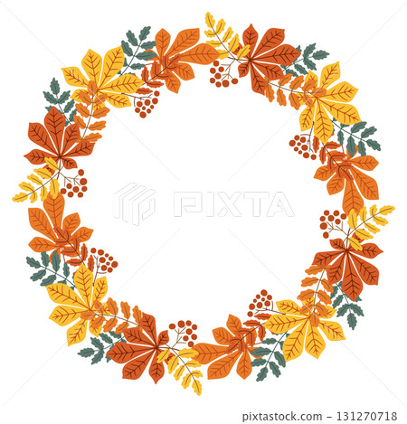 Hand drawn vector wreath made of chestnut and rowan leaves with berries in autumn colors 131270718