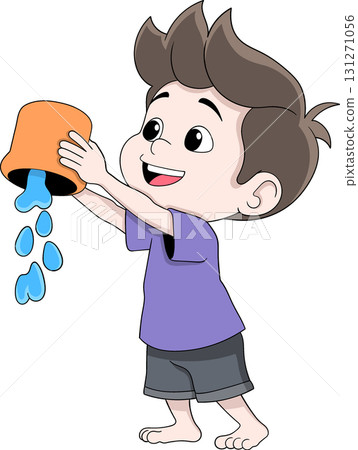 Cartoon Boy Pouring Water from Bucket Illustration 131271056