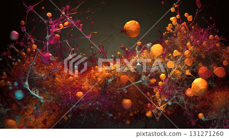 Abstract scientific concept with connected cells and particles. Science microscopic background. Generated AI. 131271260