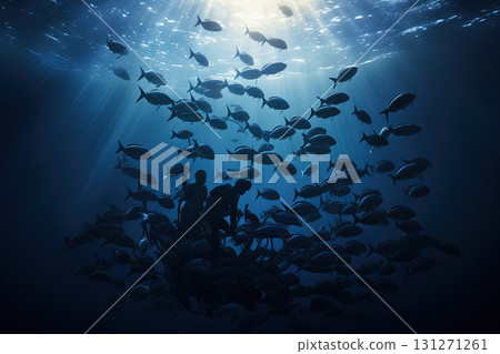 Deep blue sea underwater scete with a school of fish swimming in tranquility. Generated AI. 131271261